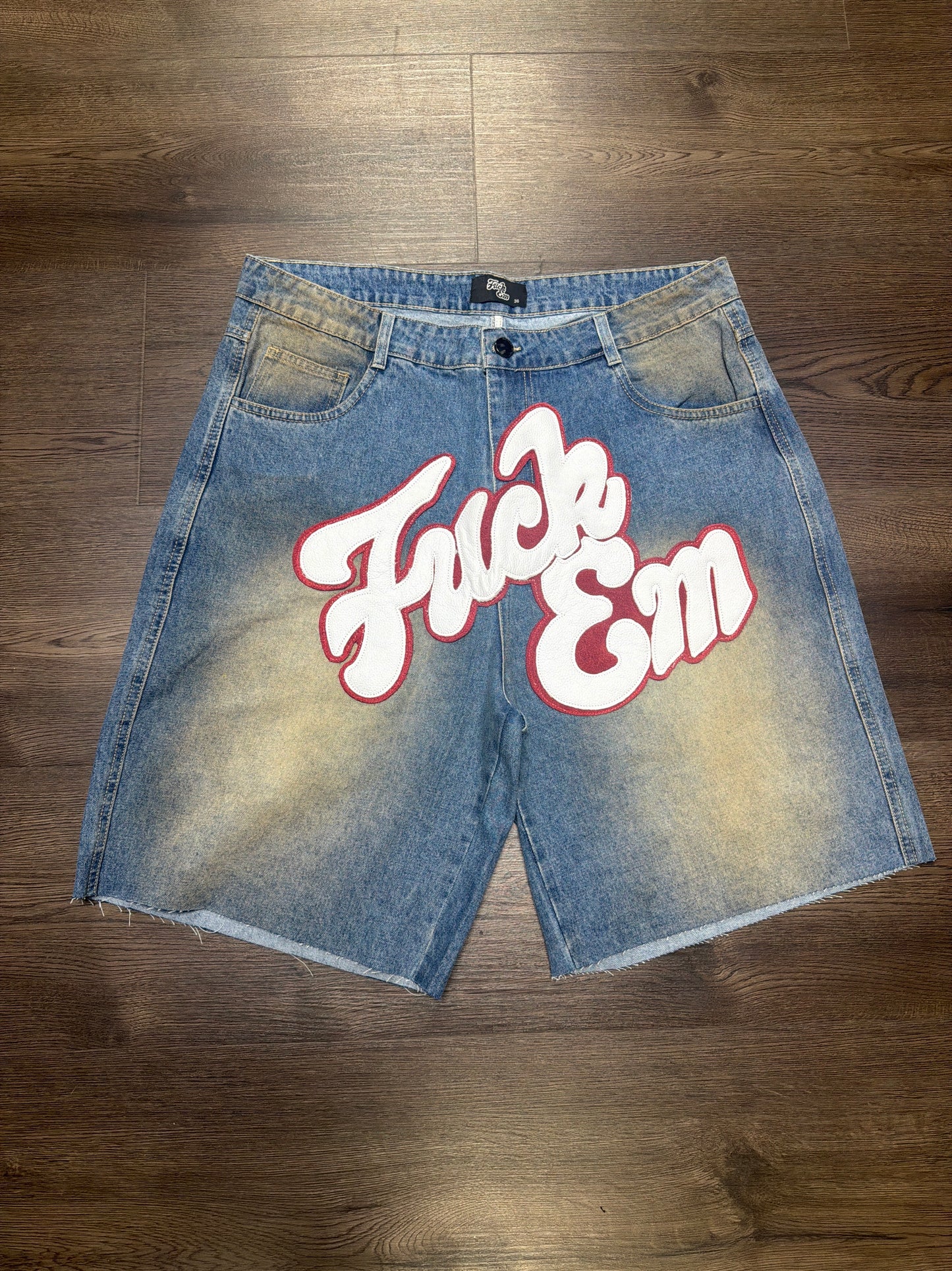 Fuck Em Jorts White Red Patch