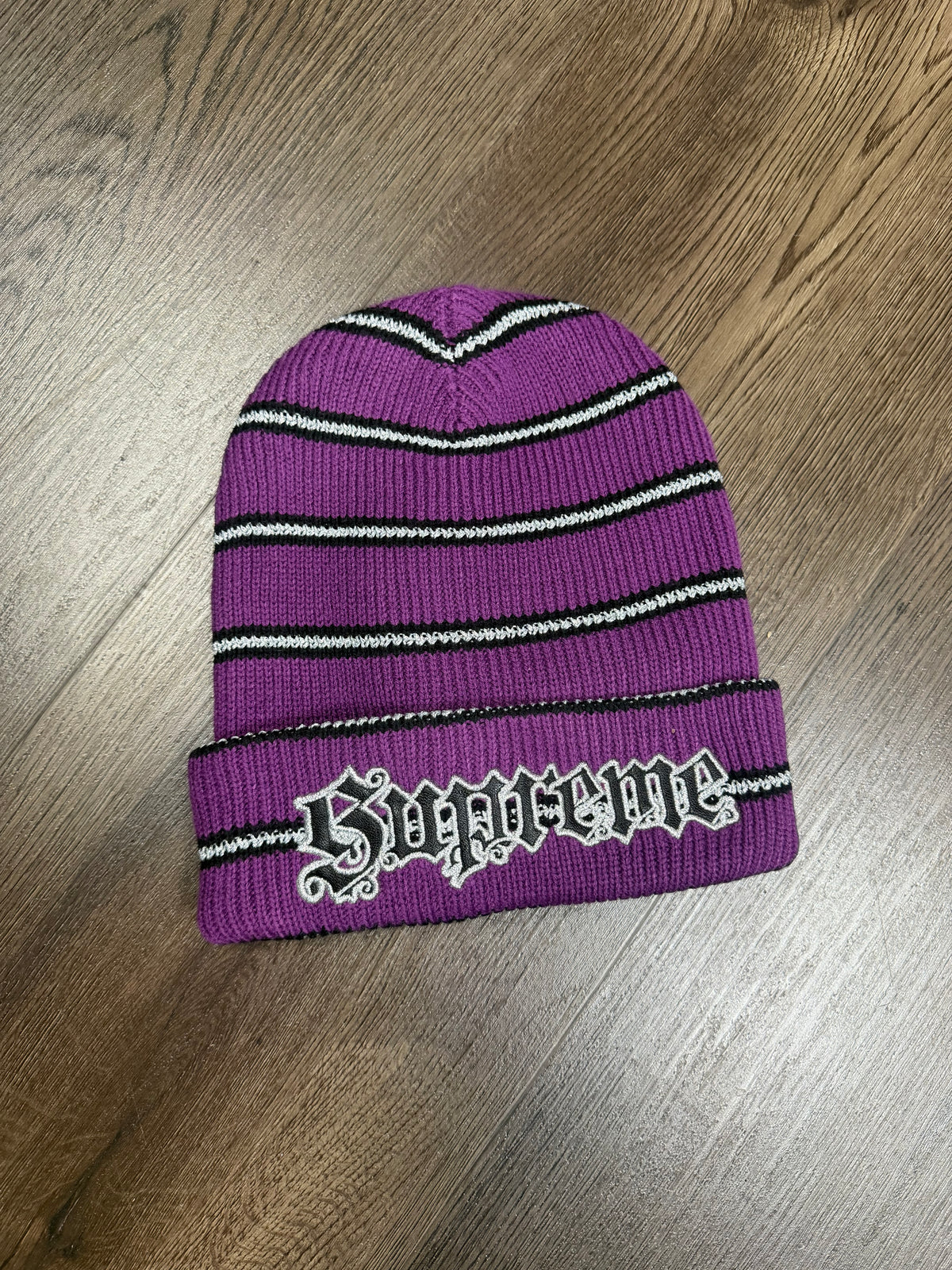 Supreme Purple Metallic Stripe Beanie