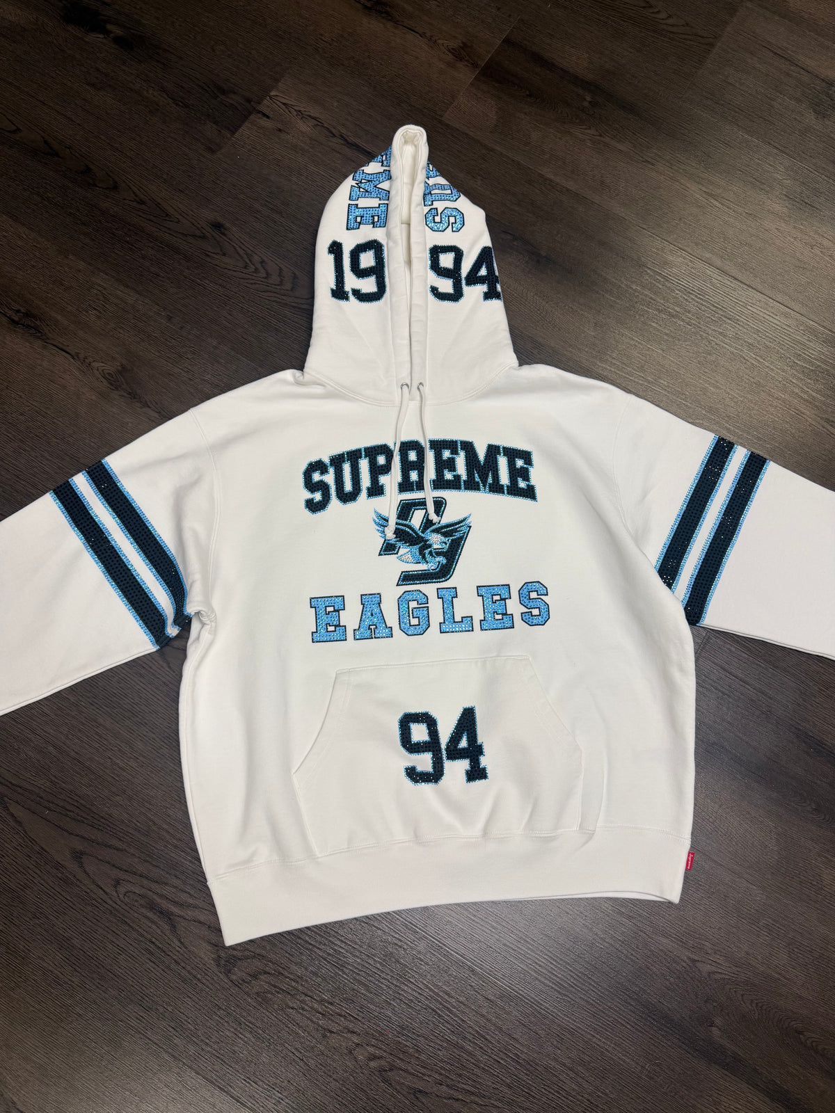 Supreme Eagles White Blue Rhinestone Hoodie