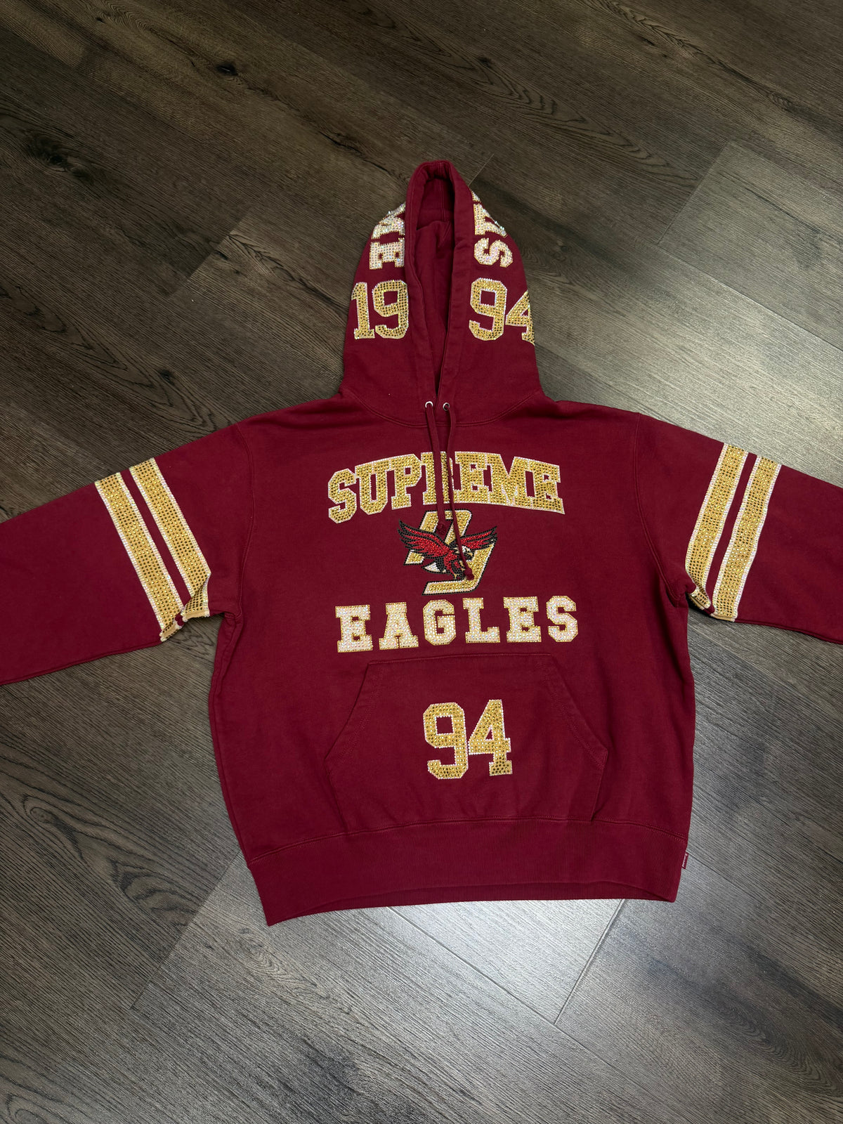Supreme Eagles Red Gold Rhinestone Hoodie