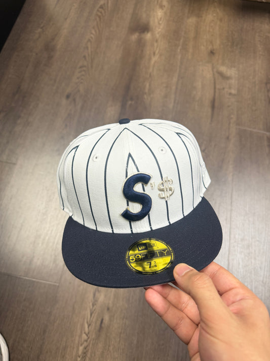 Supreme White/Navy Striped Money S Logo Fitted Cap