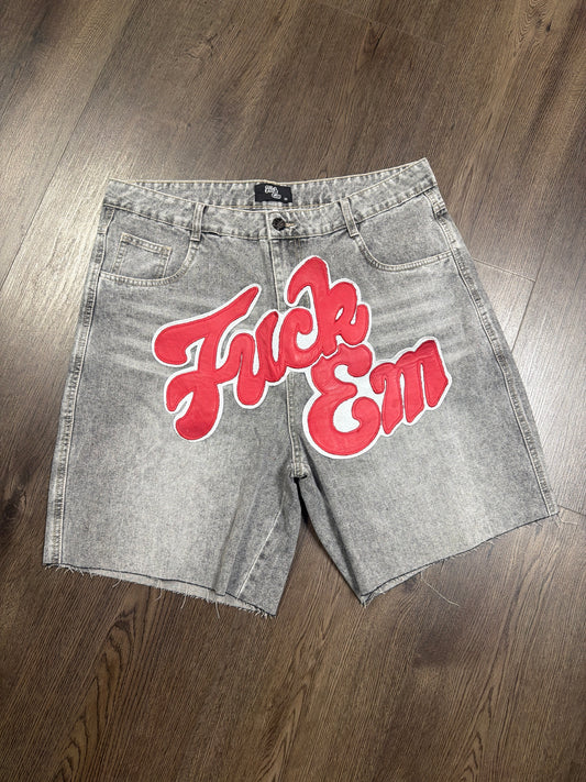 Fuck Em Jorts Red Grey Patch